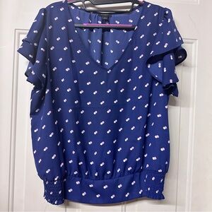 ANN TAYLOR Blue Ruffle Sleeve VNeck Blouse with Banded Bottom